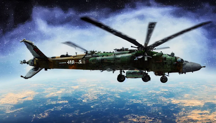 Image similar to Mi-24 hind in space, digital art