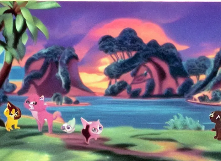 Image similar to littlest pet shop cat in a scenic matte painting from fantasia ( 1 9 4 1 )