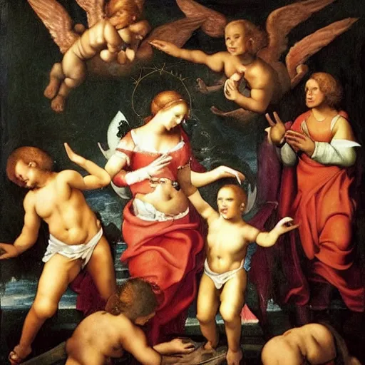 Prompt: ricardo fort in heaven with angels surrounding him renaissance painting