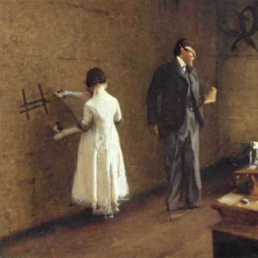 Prompt: gentleman and woman studying a wall full of occult symbols by alfred stevens