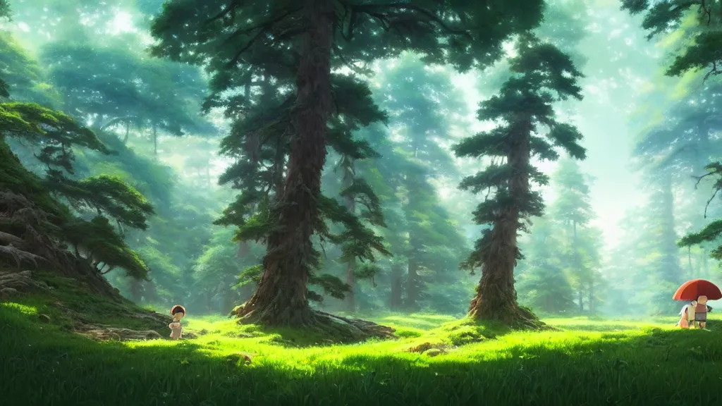 Image similar to forest clearing landscape, studio ghibli, pixar and disney animation, sharp, rendered in unreal engine 5, highly detailed, digital painting, artstation, concept art, smooth, sharp focus, illustration, wide angle, artbook, wallpaper, splash art, promo art, dramatic lighting, art by artgerm and greg rutkowski and bo chen and jin xiaodi