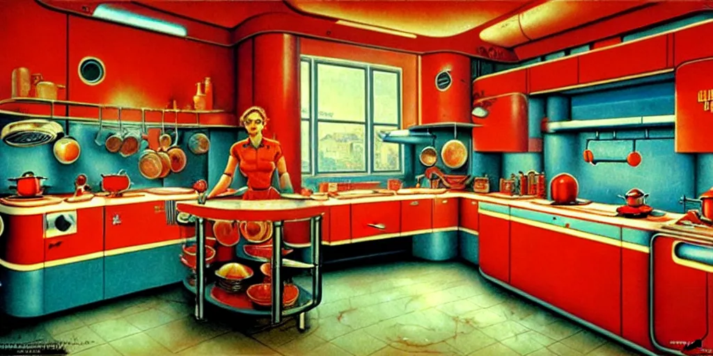 Image similar to soviet retro - futuristic kitchen by drew struzan