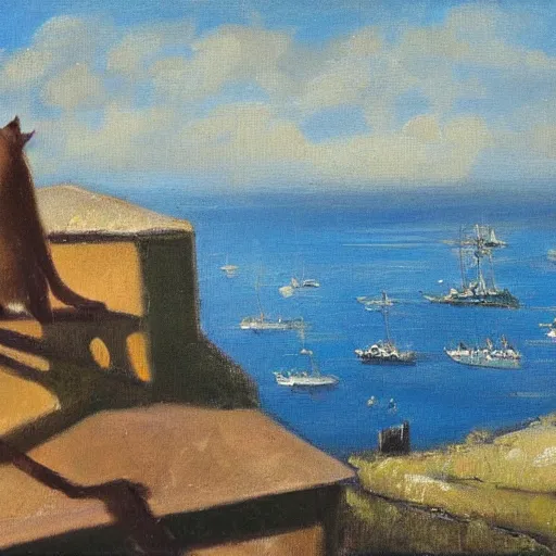 Image similar to the cat is sitting on the roof and looking at the bay and the fortress, oil painting