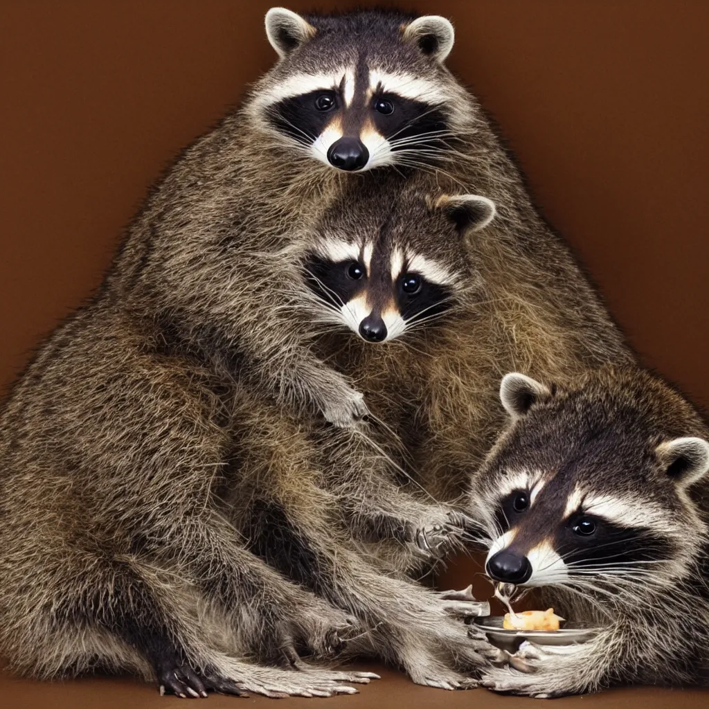 Image similar to raccoon eating bruger from macdonald and sitting in a room with nothing, studio light, in the style of comic