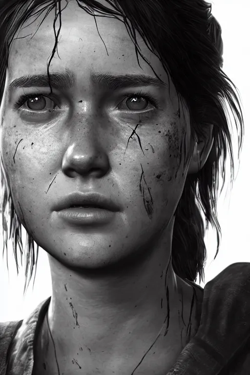 Image similar to ultra realistic facial portrait of ellie from the last of us part 2, digital art, character portrait, highly detailed, trending on artstation, lens flare, atmosphere, hyper realistic, cinematic lightning, sharp focus, unreal engine 5, extreme details perfect face, pretty face, fine - face, illustration, 8 k, ultra texture, masterpiece