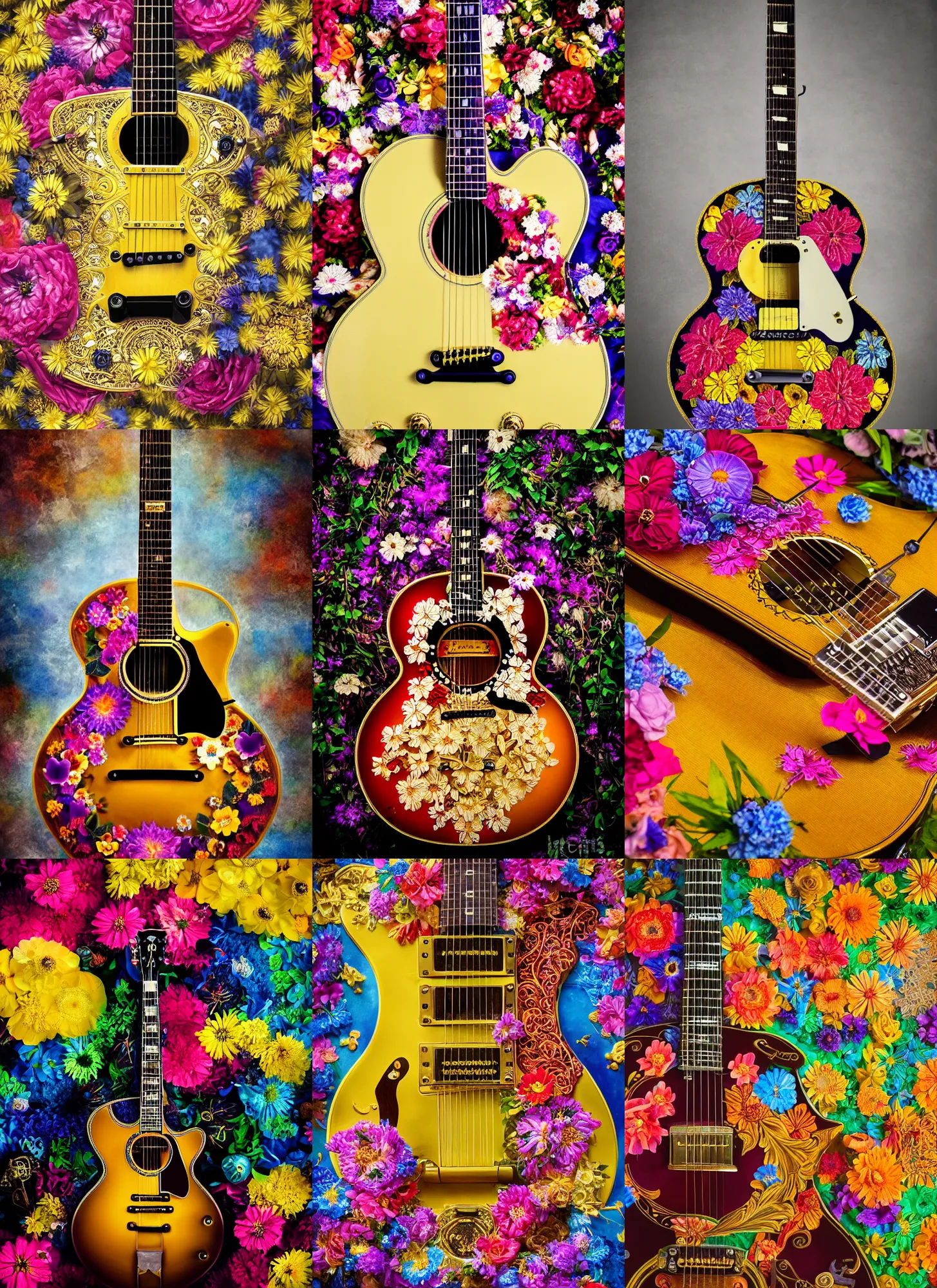 Prompt: high intricate detailed commercial photo of a gibson electric guitar covered in colorful flowers and smoke, golden ratio, rule of thirds, flowerpunk, majestic, elegant, by lea leonowicz, by maks trofimov, by jenny brozek, by johannes wessmark