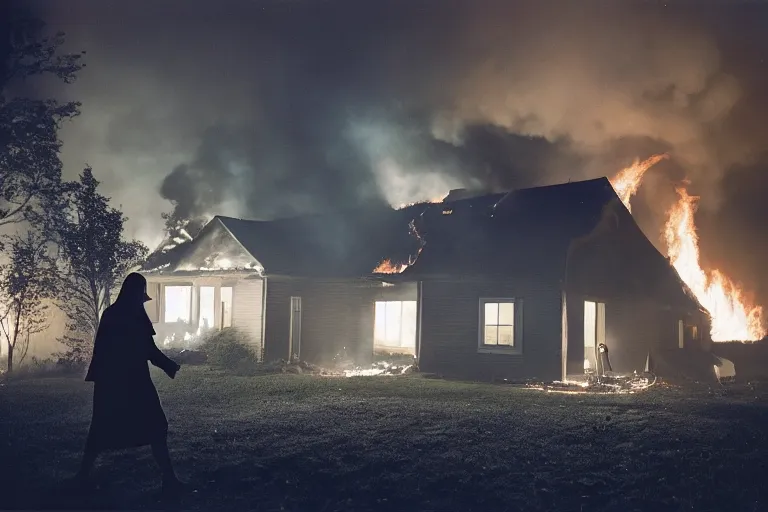 Image similar to Gregory Crewdson full color Photography, A woman walks calmly while her house is on fire, atmospheric lighting , at night