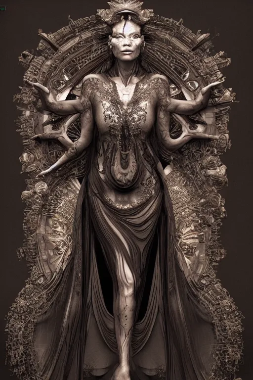 Image similar to a realistic dark photo of a beautiful ancient alien woman goddess with six hands kate moss standing in iris van herpen dress jewelery and fractals in style of alphonse mucha art nuvo dmt trending on artstation made in unreal engine 4