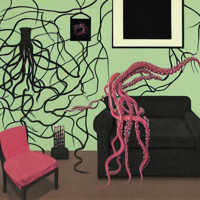 Image similar to a female emo pathology student in her apartment, wrapped in vines, medical equipment, candles, octopus, japanese tea ceremony, pig, black walls, ikebana, black armchair, sculpture, acrylic on canvas, surrealist, by magritte and monet