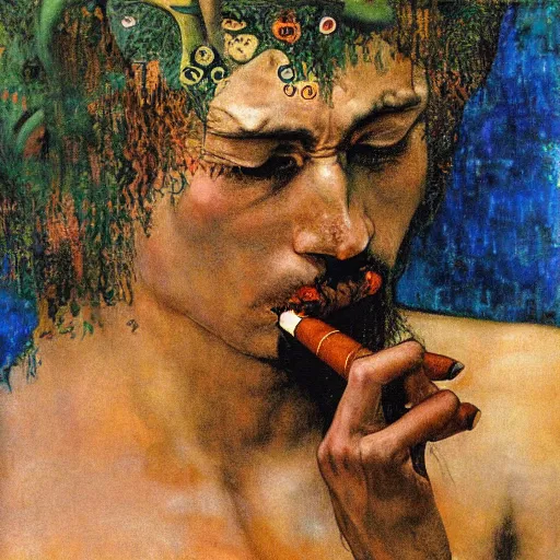 Prompt: incubus with horns smoking a cigar, klimt, royo, miro, frazetta, whealan