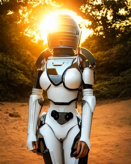 Image similar to centered medium shot fine studio photograph of a young woman wearing only a white solarpunk mecha Mayan helmet with bright lights, ultra-realistic, white background, 8k HDR sunset lit, intricate