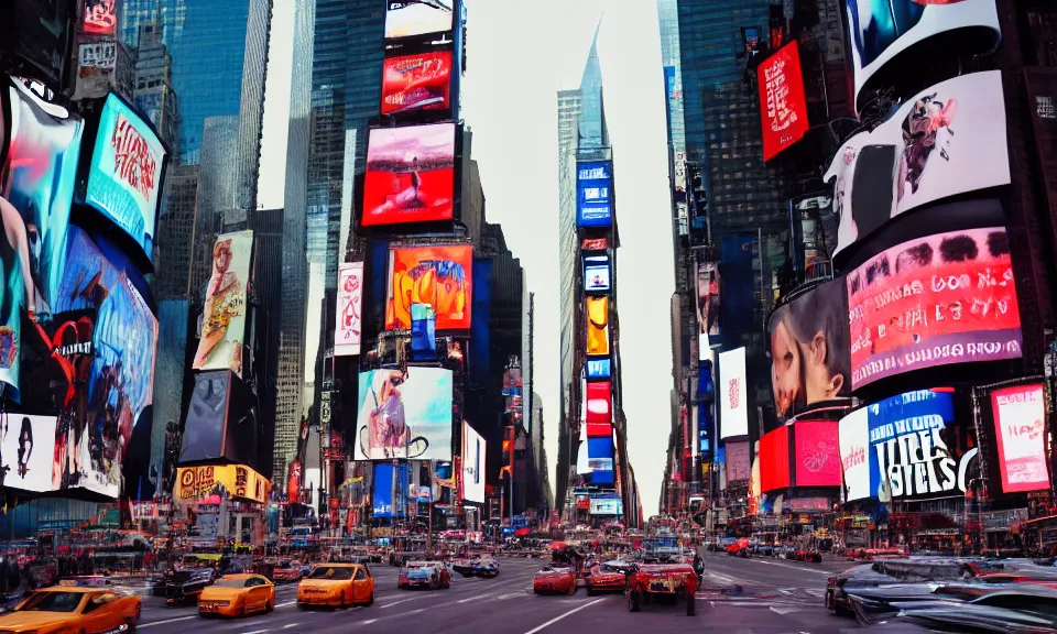 Prompt: A film still from a futur 3000 movie, new york city, times square, Realism, 4k, 8mm, Grainy, Panavision