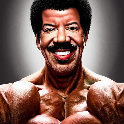 Image similar to Lionel richie with the physique of a body builder, hyper realistic, ultra detailed, cinematic, dynamic lighting, photorealistic, refined, intricate, digital art, digital painting, masterpiece, 8k