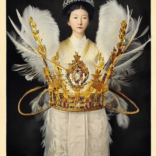 Image similar to a wide full shot, russian and japanese mix 1 9 0 0 s historical fantasy of a photograph portrait taken of a royal gold leaf tiara with intertwined white feathers, photographic portrait, warm lighting, from an official photographer from the royal museum. displayed in a museum.