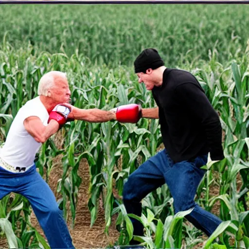 Image similar to rocky balboa punching joe biden in the middle of a corn maze