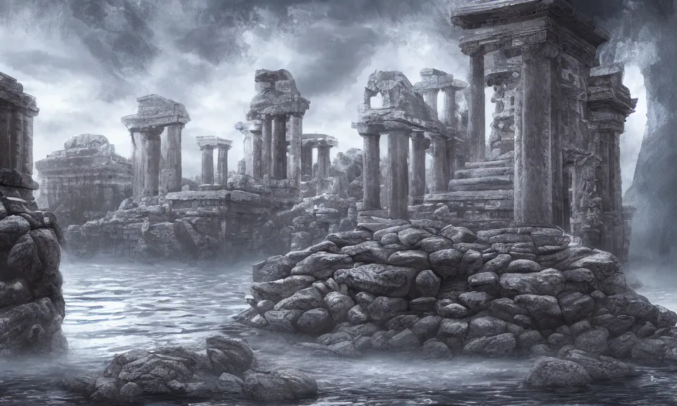 Image similar to underwater ancient greek temple, digital art, concept art, fantasy art, highly detailed, hd wallpaper, hdr, artstation, deviantart, behance