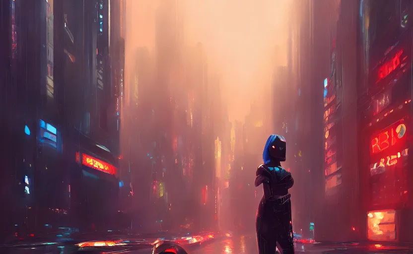 Image similar to a painting of a sensual robot in the city of dreams trending on artstation in the style of greg rutkowski, 8 0 s, cyberpunk, blade runner