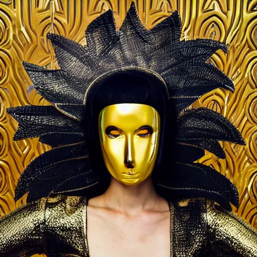 Image similar to close up of a female fashion model in year 3000 in art-deco entrance hall, model wearing a huge surreal Avant-garde helmet in gold, photography , official Versace editorial , highly detailed