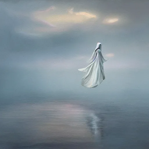 Image similar to ominous bedsheet ghost floating above a lake, oil painting, brush strokes, gloomy misty atmosphere, symmetrical, full body image, highly ornate intricate details,