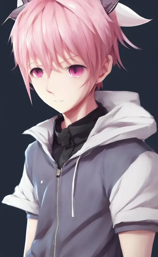 Image similar to character concept art of an cute anime boy with pink hair and wolf ears | | cute - fine - face, pretty face, key visual, realistic shaded perfect face, fine details by stanley artgerm lau, wlop, rossdraws, james jean, andrei riabovitchev, marc simonetti, and sakimichan, tranding on artstation