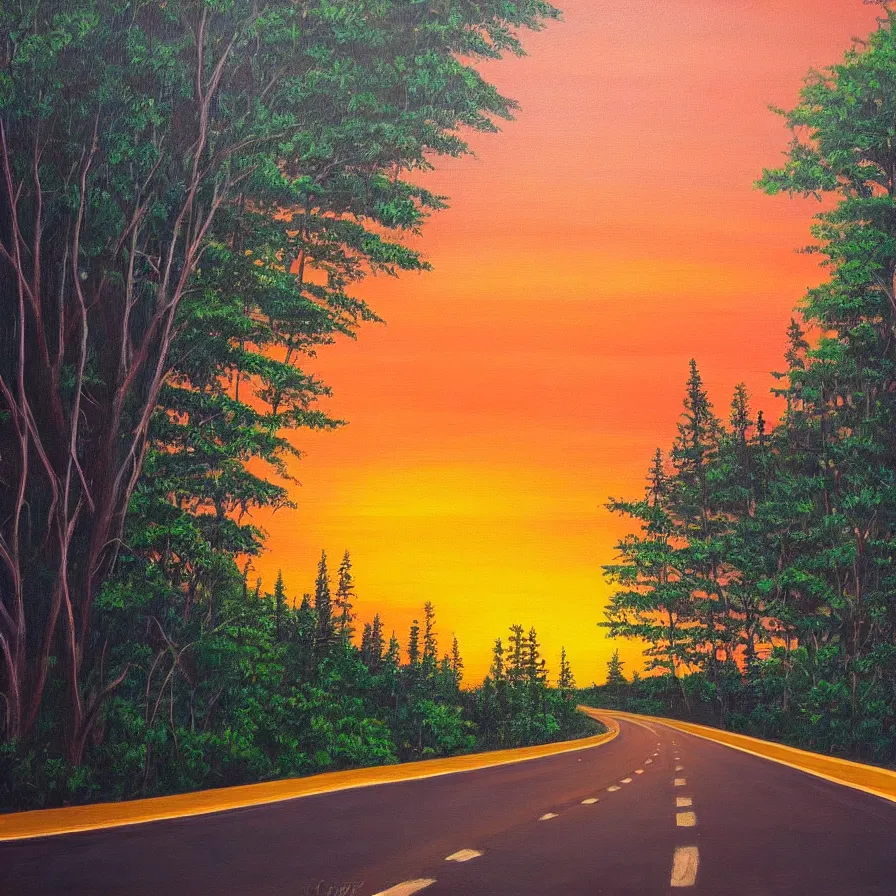 Image similar to intricate painting of a highway road leading to the horizon through a thick forest down a rocky mountain coast, the sunset is a pulsating heart of light. atmospheric good vibes