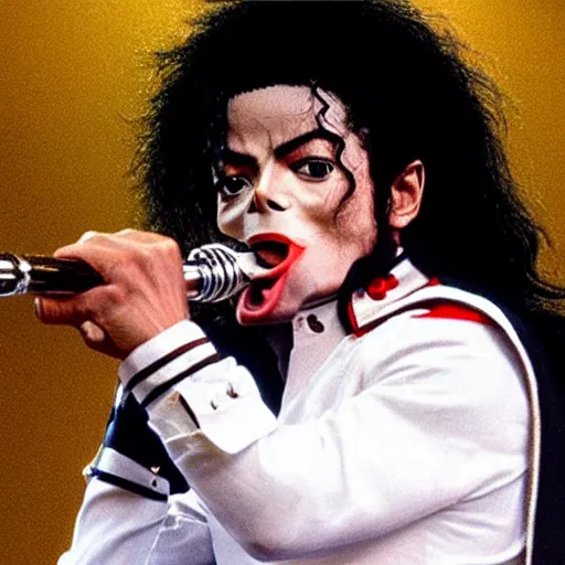 Prompt: Michael Jackson with a horn as mouth, horn in the place of mouth, horn mouth