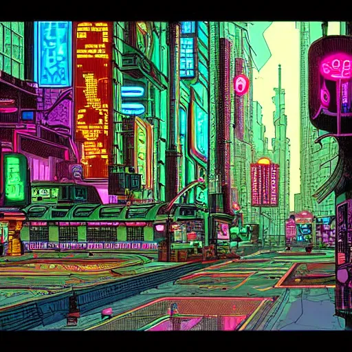 Image similar to neon cyberpunk city street in the style of Jean Giraud, Moebius