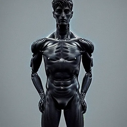 Image similar to a realistic detailed photo of a guy who is an attractive humanoid who is half robot and half humanoid, who is a male android, twitch streamer ninja tyler blevins, shiny skin, posing like a statue, blank stare, at the museum, on display