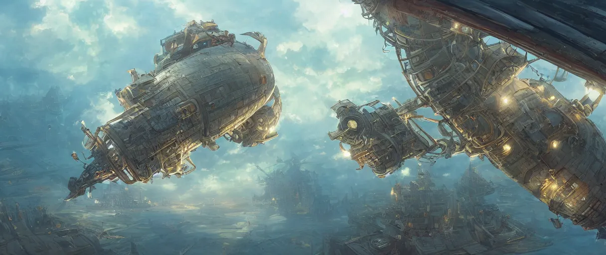 Image similar to a beautiful illustration of an airship port in a cloudpunk world by Jesper ejsing , cinematic atmosphere, establishing shot, viewed from above