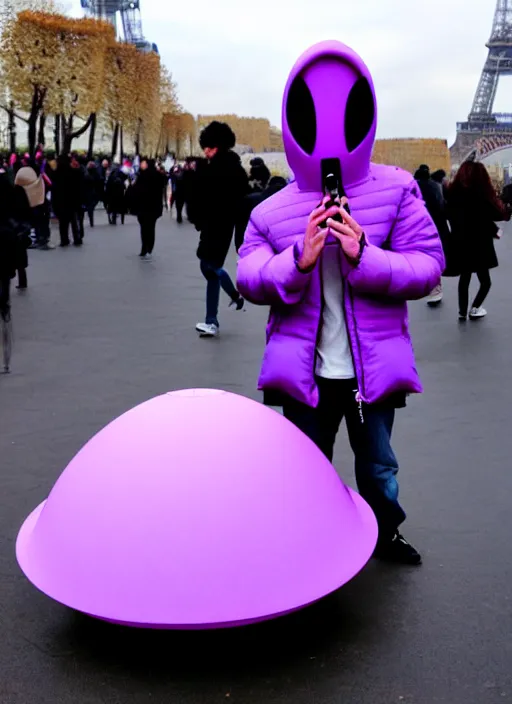 Image similar to purple alien wearing white puffer jacket, in paris, they hold a model ufo, in the style of jojo's bizarre adventure,