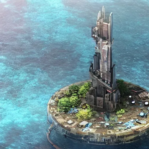 Image similar to a island in the middle of the ocean with a large dystopian cyberpunk tower on it.