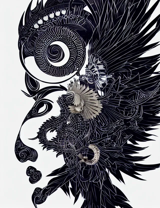 Image similar to 3 d goddess close - up profile simple portrait punk with mohawk with ram skull. beautiful intricately detailed japanese crow kitsune mask and clasical japanese kimono. betta fish, jellyfish phoenix, bio luminescent, plasma, ice, water, wind, creature, artwork by tooth wu and wlop and beeple and greg rutkowski