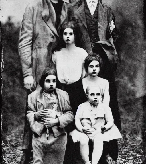 Image similar to grayscale vintage sepiatone photograph of a vampire family in Romania, lost media, highly detailed, convincingly real