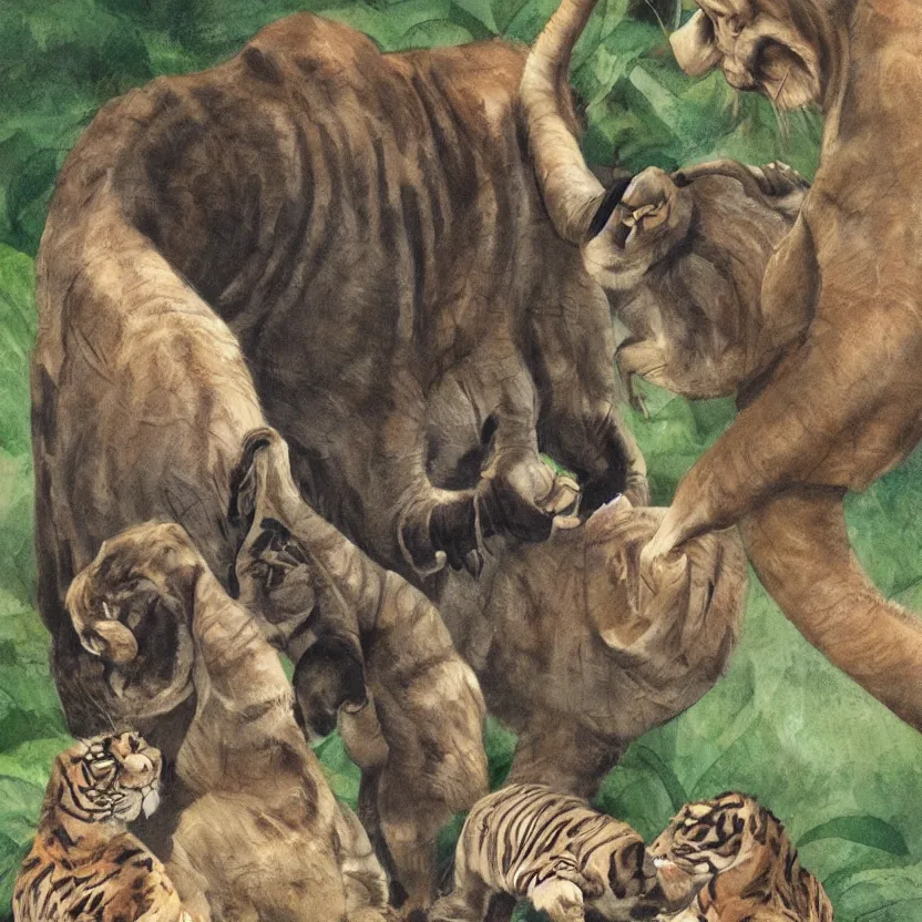 Prompt: small child swung between a mommy and a daddy at a zoo, award winning illustration by Don Freeman