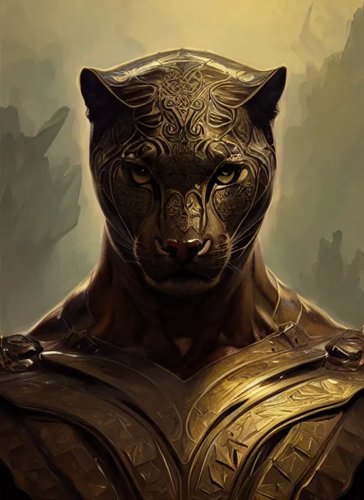 Image similar to portrait of a panther, d & d, armour! muscular, fantasy, intricate, elegant, highly detailed, digital painting, artstation, concept art, smooth, sharp focus, illustration, art by artgerm and greg rutkowski and alphonse mucha