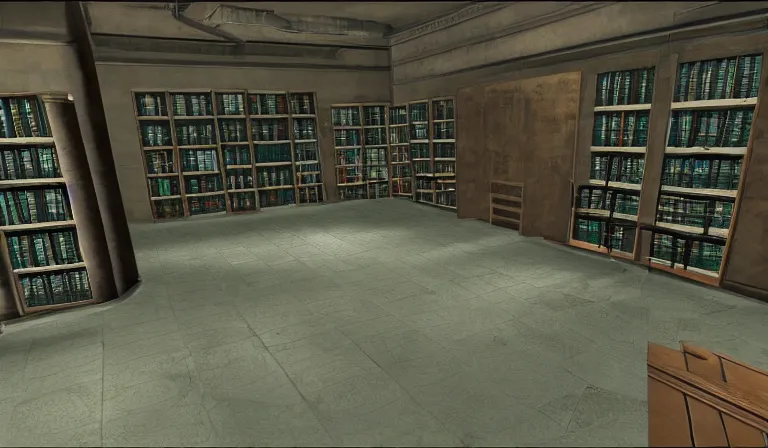 Prompt: An empty library at night opens up into a large atrium Source Engine, Gmod, Half Life 2, Bioshock, Outlast