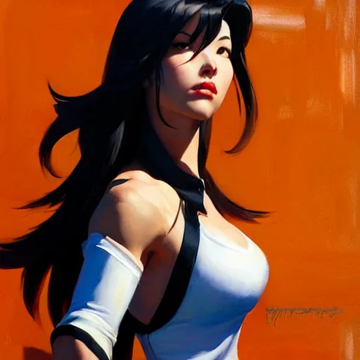 Image similar to Greg Manchess portrait painting o Tifa Lockheart as Overwatch character, medium shot, asymmetrical, profile picture, Organic Painting, sunny day, Matte Painting, bold shapes, hard edges, street art, trending on artstation, by Huang Guangjian and Gil Elvgren and Sachin Teng