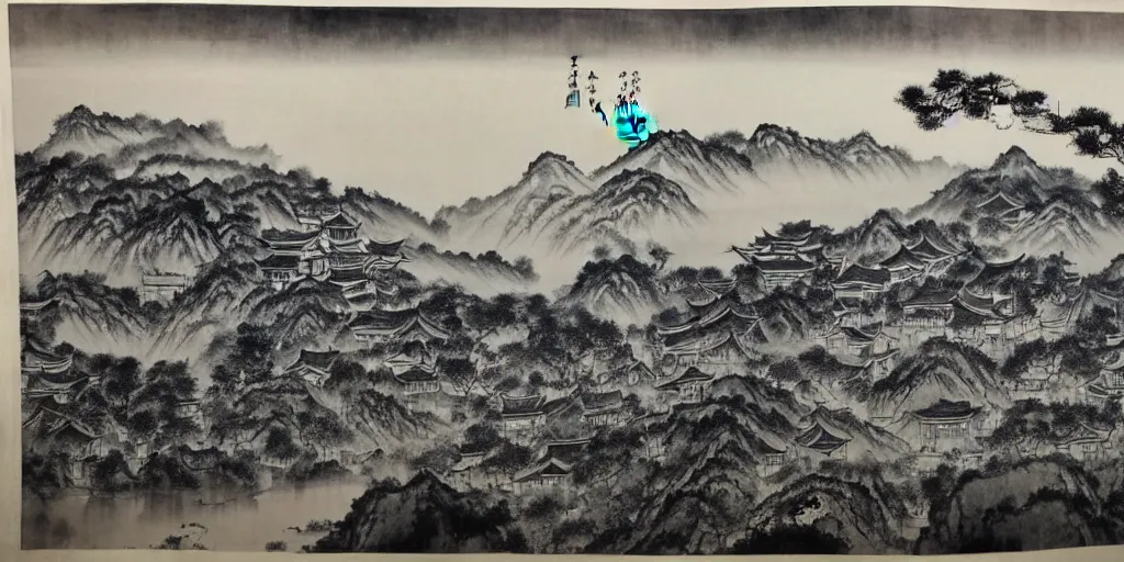 Image similar to A Chinese ink painting of winery. The vineyards are sprawling and green, with a river winding through them. In the distance, there are mountains. by zhang zeduan, mi fu, painting on silk, immaculate scale, hyper-realistic, trending on Artstation, 8k, detailed, atmospheric, immaculate