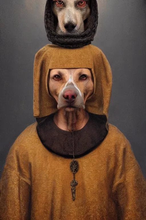 Image similar to Slavic dog head man, woolen torso in medieval clothes, Orthodox Saint Christopher, oil painting, hyperrealism, beautiful, high resolution, trending on artstation,