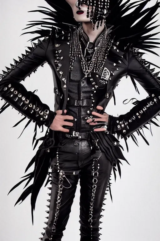 Image similar to a mexican genderqueer person in a black leather outfit with spikes on their b a high fashion character portrait by christen dalsgaard, featured on behance, gothic art, androgynous, genderless, gothic