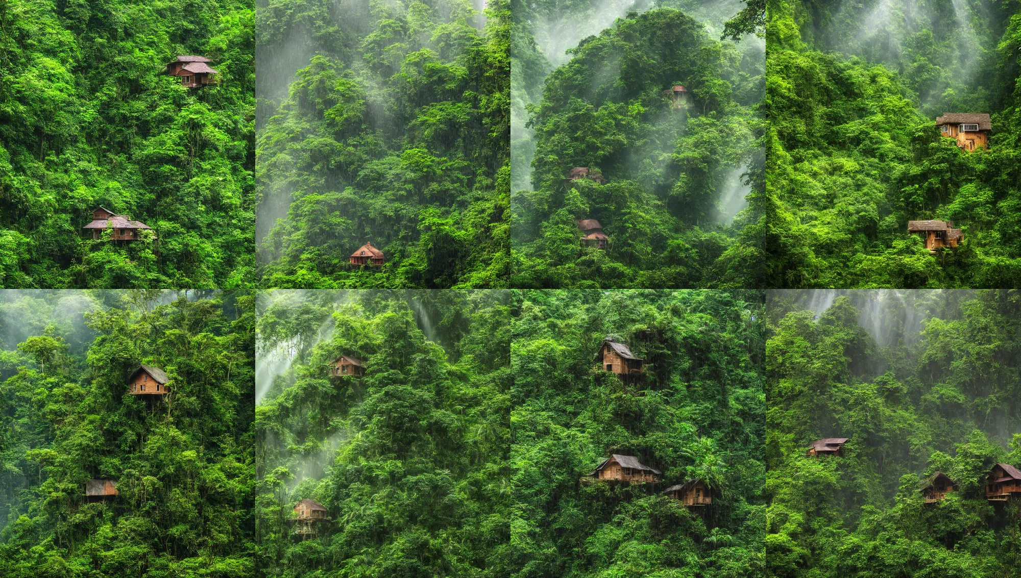 Prompt: a little house under a jungle cliff, light rain, sun - rays through high rain forest trees