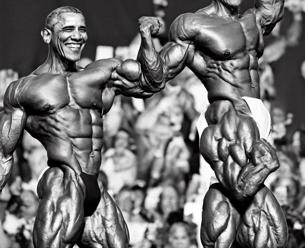 Prompt: Obama in bodybuilding contest, Ripped, Buffed Obama, GigaChad, Black and White, Noir