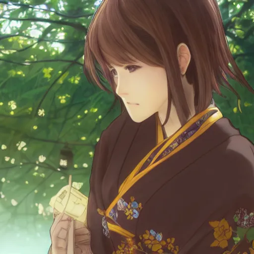 Prompt: anime style, female merchant, yukata clothing, sakura tree in background, brown short hair, hair down, symmetrical facial features, from arknights, hyper realistic, rule of thirds, extreme detail, 4 k drawing, safebooru, realistic lighting, by alphonse mucha, greg rutkowski, sharp focus, backlit