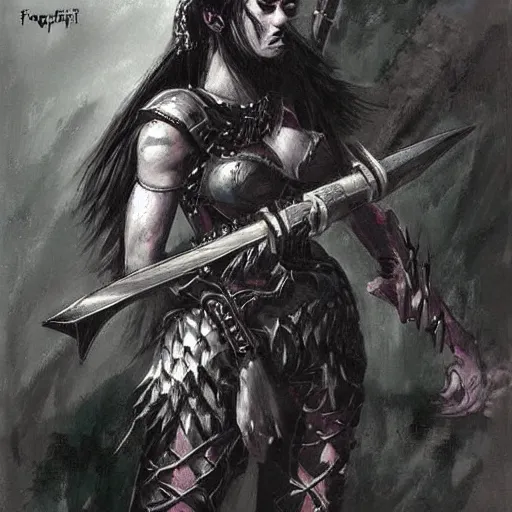 Image similar to portrait of a waifish punk goth wearing armor and holding sword by frank fazetta, fantasy, barbarian