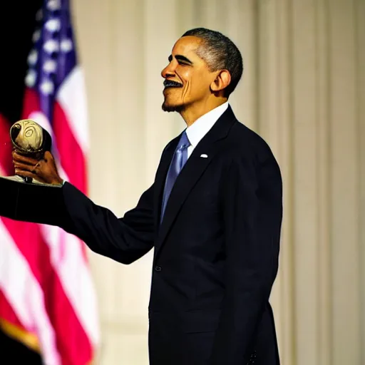 Image similar to man wearing guy fawkes mask accepting award from obama in university hall, photo, cinematic lighting