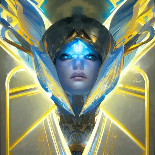 Prompt: warriors of light like angels blue and yellow, symmetrical, highly detailed, digital painting, artstation, concept art, smooth, sharp focus, illustration, cinematic lighting, art by artgerm and greg rutkowski and alphonse mucha