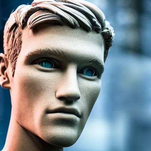 Image similar to a realistic detailed photo of a guy who is an attractive humanoid who is half robot and half humanoid, who is a male android, soccer player martin ødegaard, shiny skin, posing like a statue, blank stare, by the pool, on display, showing off his muscles, humanoid robot, frozen ice statue