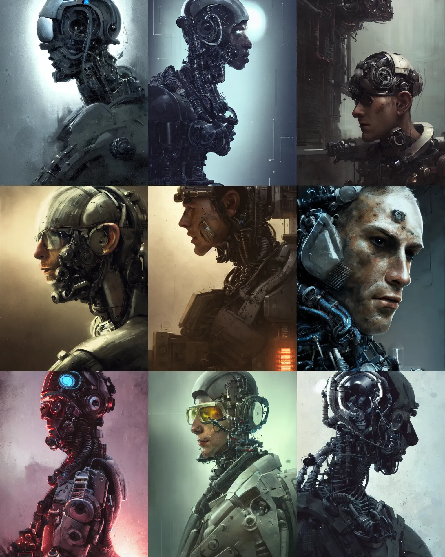 Image similar to a half - masked rugged young laboratory engineer man with cybernetic enhancements as seen from a distance, scifi character portrait by greg rutkowski, esuthio, craig mullins, 1 / 4 headshot, cinematic lighting, dystopian scifi gear, gloomy, profile picture, mechanical, half robot, implants, steampunk