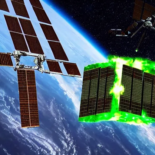 Prompt: huge Borg cube attacking the ISS, star trek, green laser, resistance is futile