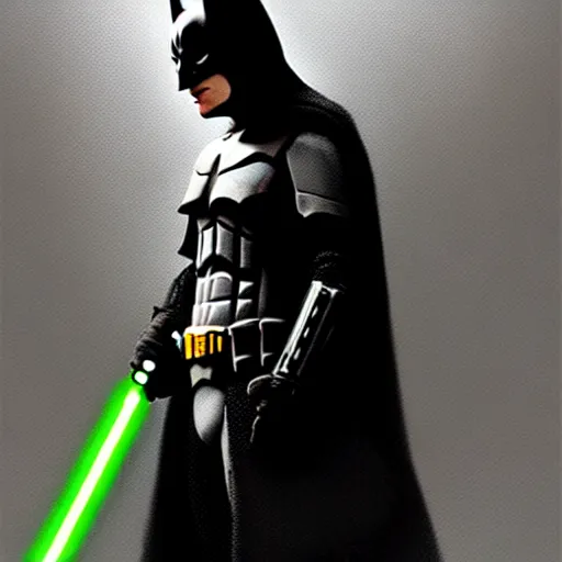 Prompt: the dark knight holding a lightsaber, highly detailed, extremely realistic, dark, digital painting, concept art, intricate, elegant, art by greg rutkowski